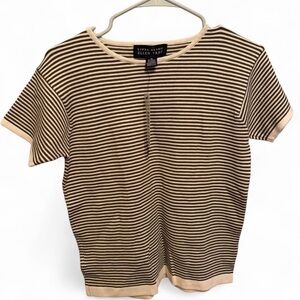 Linda Allard Ellen Tracy Olive Striped Short Sleeve Sweater size Medium NWT